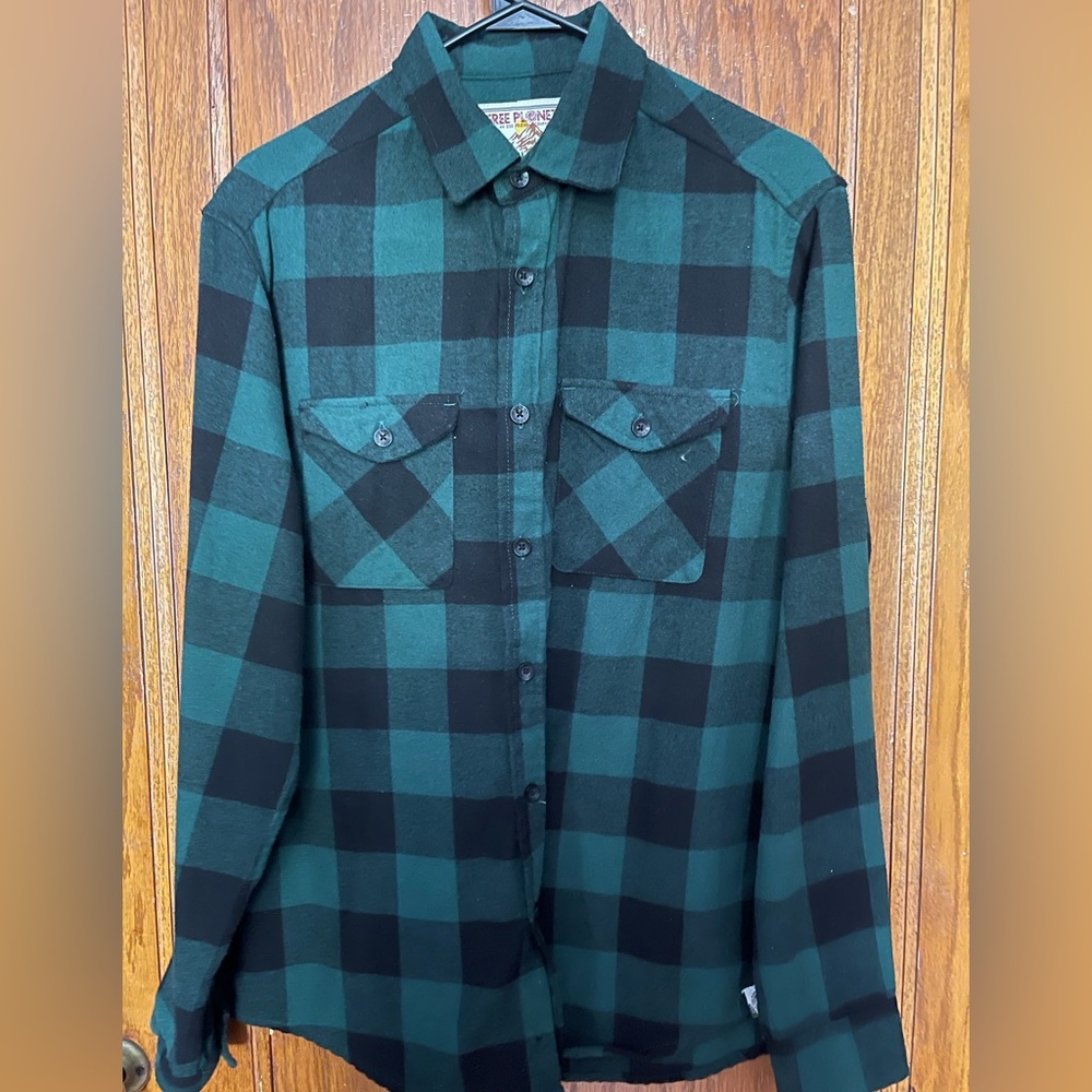 Free Planet Green and Black Plaid Flannel Shirt